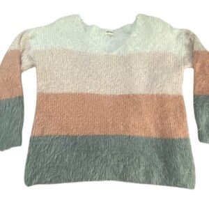 Aqua V-Neck Colorblock Sweater - Pink, Cream, and Gray